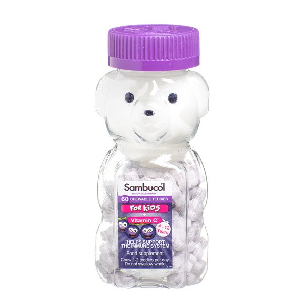 SAMBUCOL BLACK ELDERBERRY CHEWABLE TEDDIES FOR KIDS, maisto papildas su juoduogiu šeivamedžiu, 60 tablečių