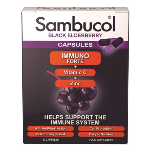 SAMBUCOL BLACK ELDERBERY IMMUNO FORTE, kapsulės su juoduogiu šeivamedžio sulčių ekstraktu, vitaminu C ir cinku, 30 kapsulių